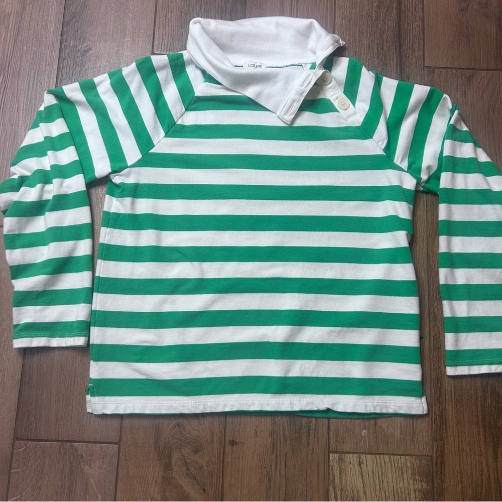 J Crew  Women’s Wide Striped Top Green Funnel Neck Lightweight Sweatshirt Size S